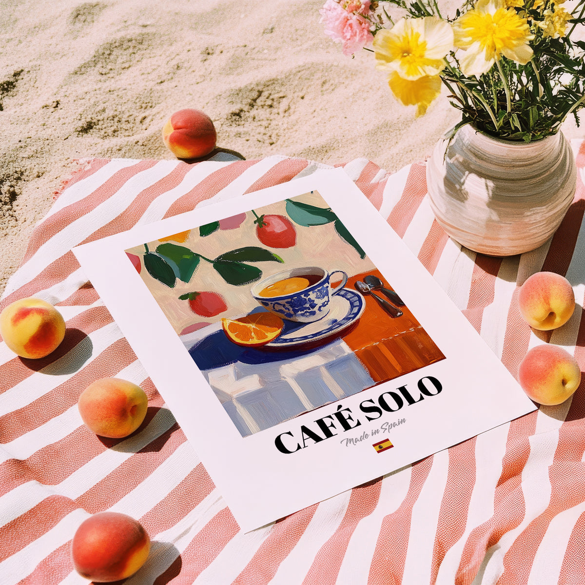Café Solo – Spanish Coffee, Café Wall Decor, unframed on coastal sand