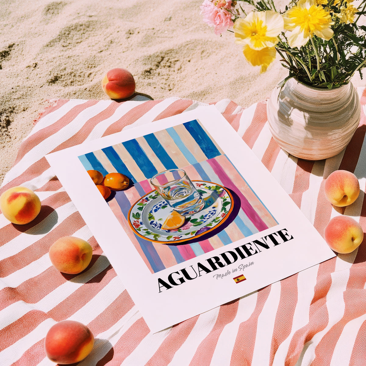 Aguardiente – Spanish Spirit Drink, Rooftop Terrace Poster, unframed on coastal sand