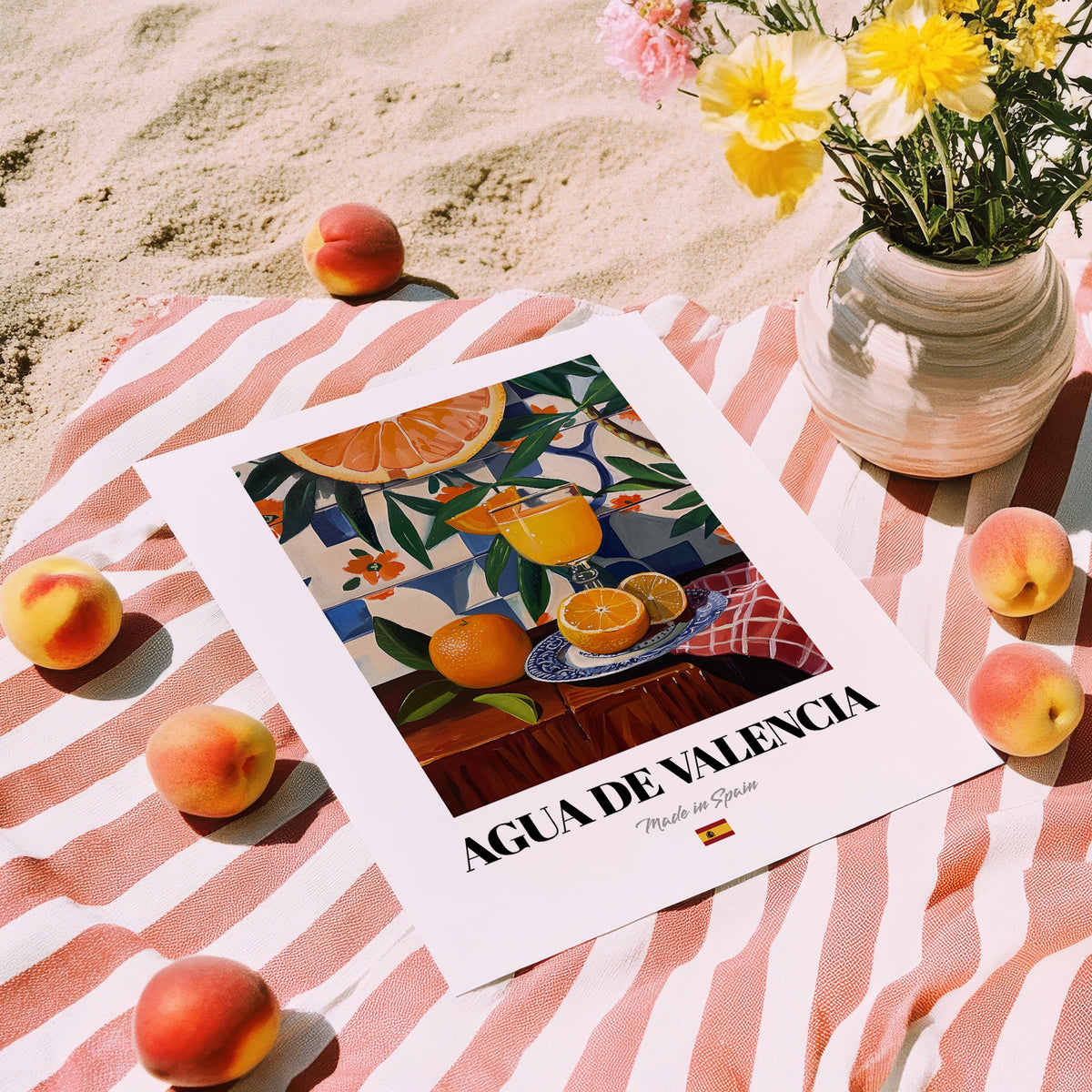 Agua de Valencia – Spanish Cocktail Drink, Hotel Lobby Wall Art, unframed on coastal sand