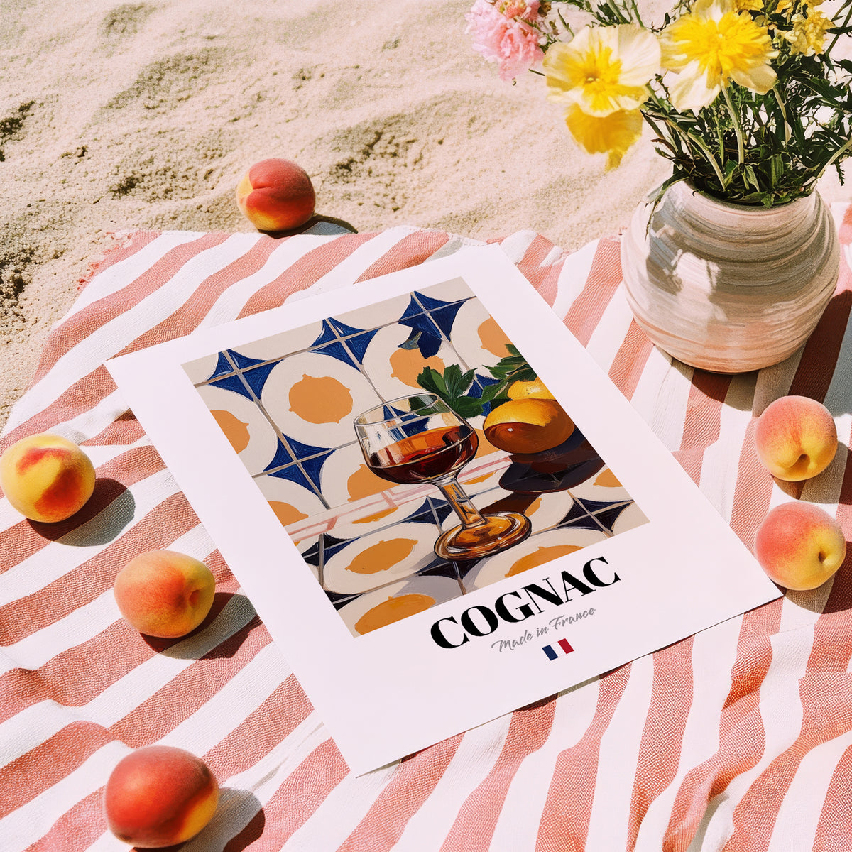 Cognac – French Spirit Drink, Hotel Lobby Art, unframed on coastal sand