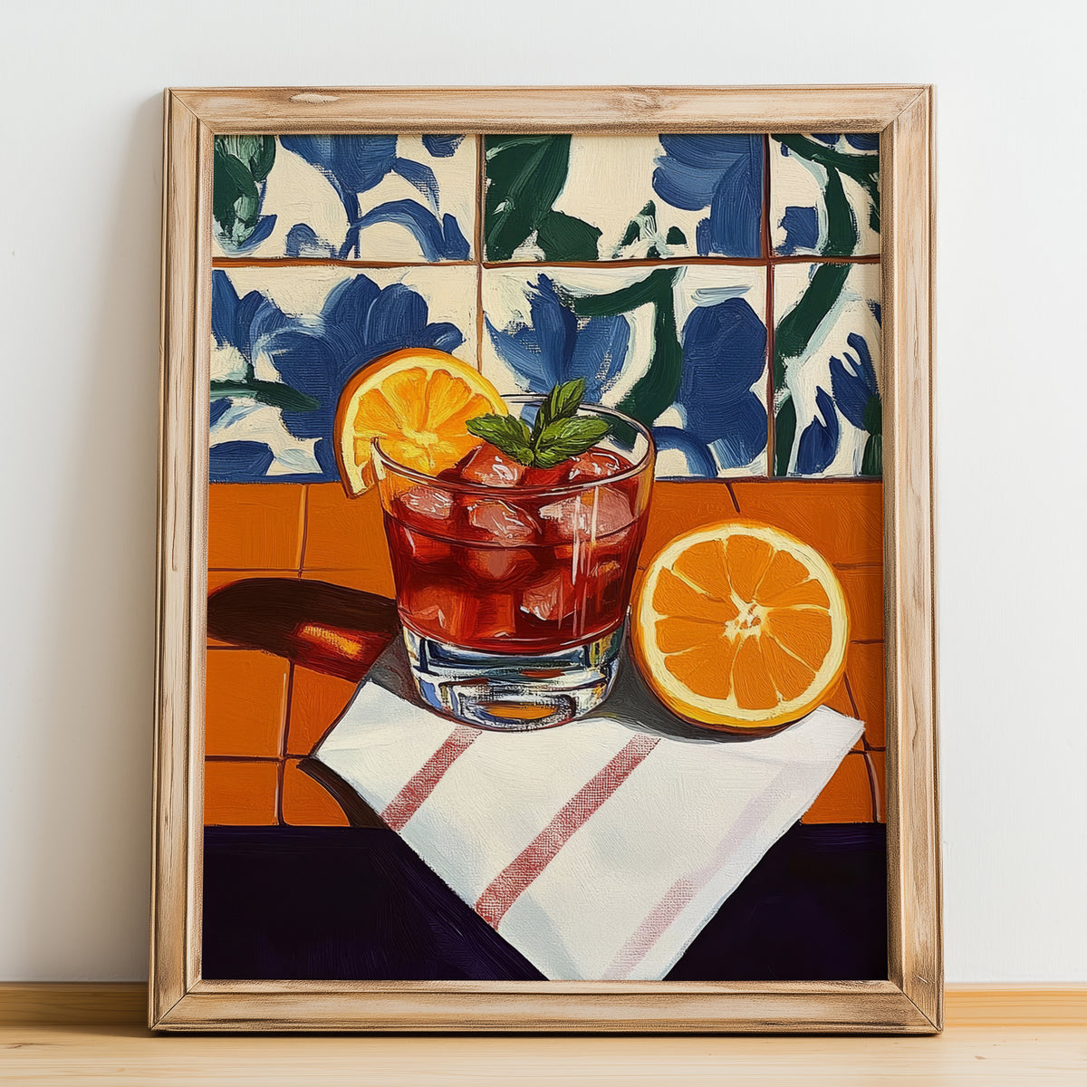 Boulevardier – French Cocktail Drink, Speakeasy Print, no-text version framed in wood