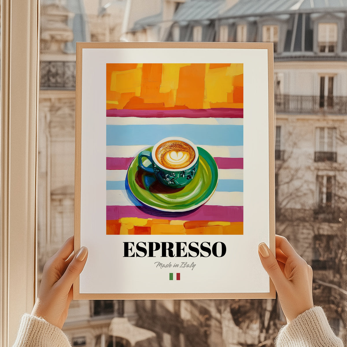 Espresso – Italian Coffee, Café Poster, styled in a charming Paris street view