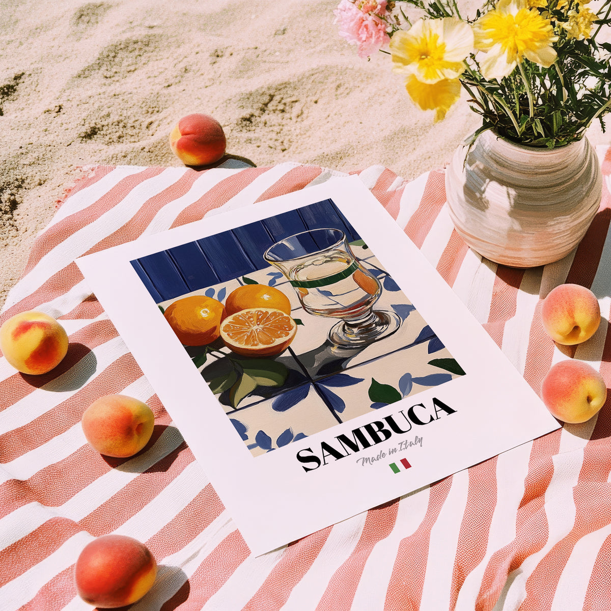 Sambuca – Italian Liqueur Drink, Beach Bar Poster, unframed on coastal sand