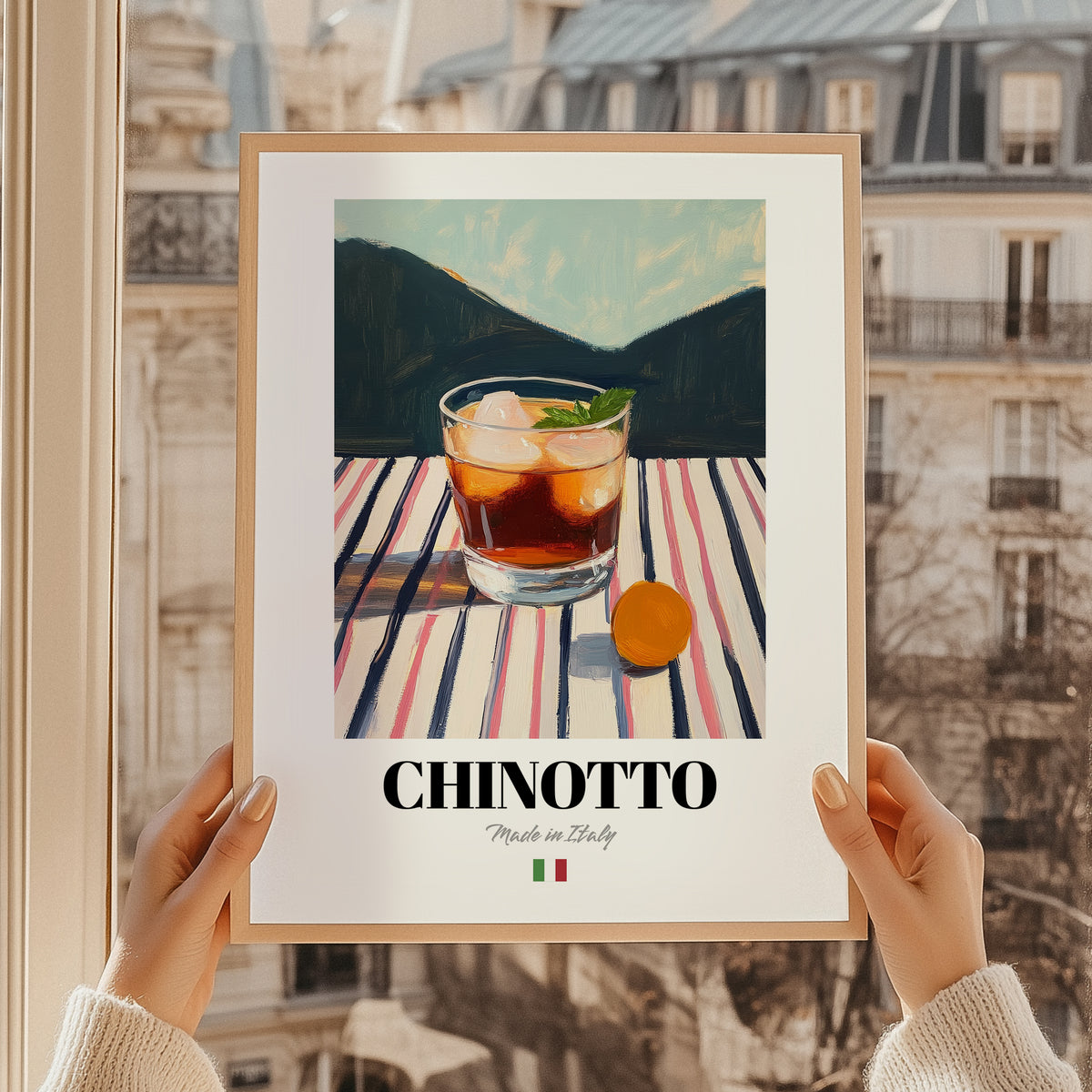 Chinotto – Italian Beverage Drink, Cocktail Lounge Poster, styled in a charming Paris street view