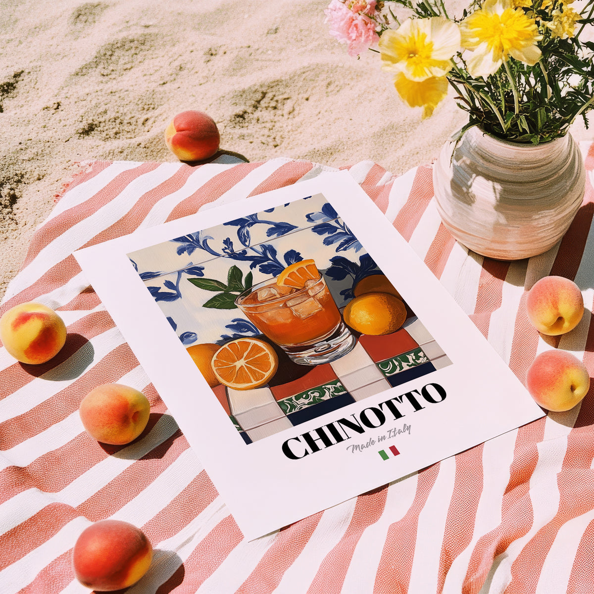Chinotto – Italian Beverage Drink, Hotel Lobby Poster, unframed on coastal sand