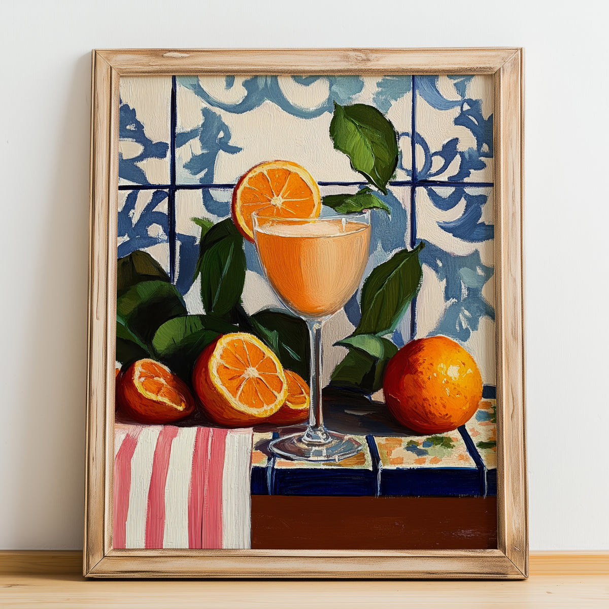 Bellini – Italian Cocktail Drink, Rooftop Terrace Illustration, no-text version framed in wood