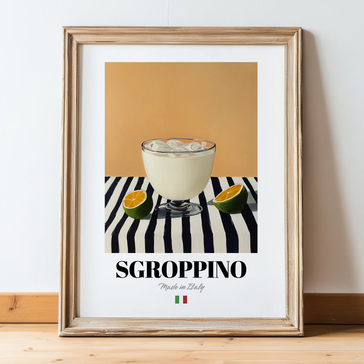 Sgroppino – Italian Cocktail Drink, Beach Bar Art, in wooden frame leaning on the floor