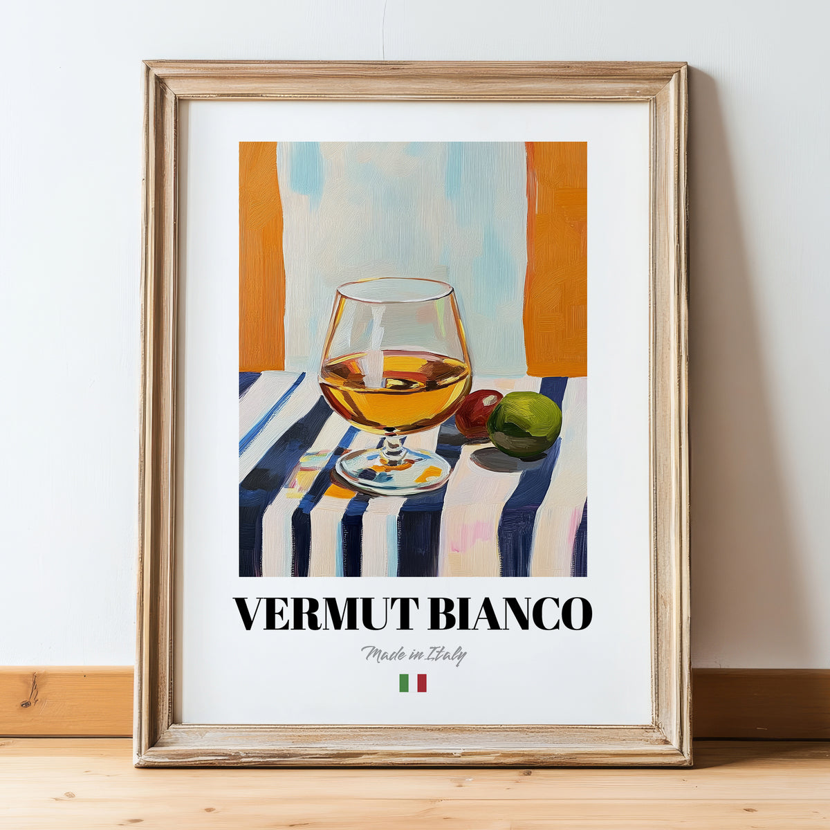 Vermut Bianco – Italian Cocktail Drink, Sky Bar Poster, in wooden frame leaning on the floor