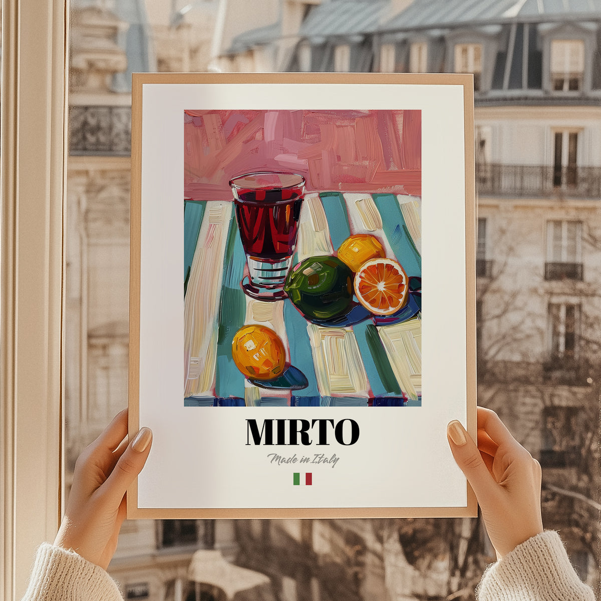 Mirto – Italian Liqueur Drink, Sky Bar Illustration, styled in a charming Paris street view