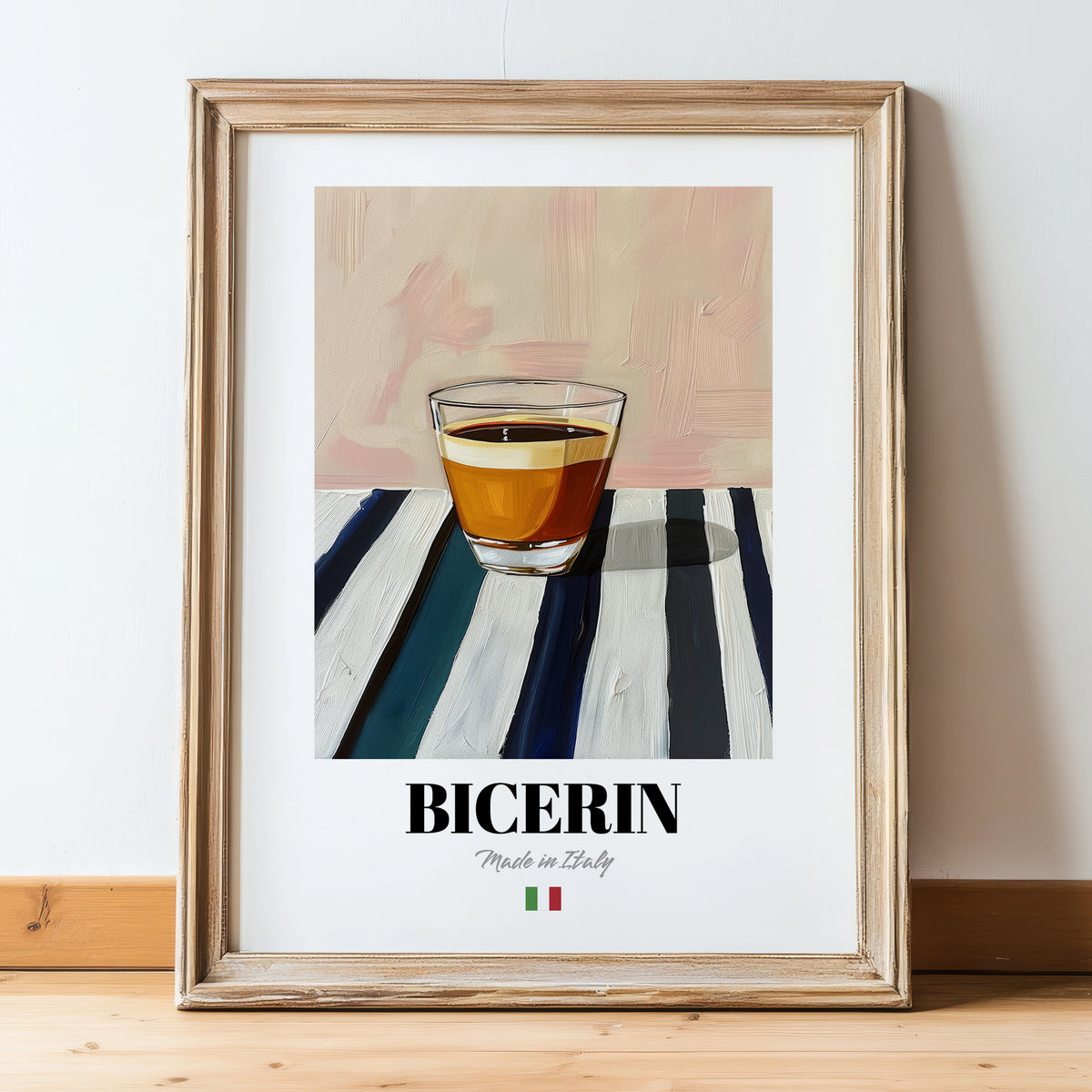 Bicerin – Italian Coffee, Book Café Poster, in wooden frame leaning on the floor