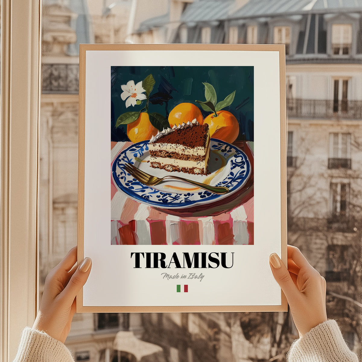 Tiramisu – Italian Dessert Dish, Tavern Wall Art, styled in a charming Paris street view