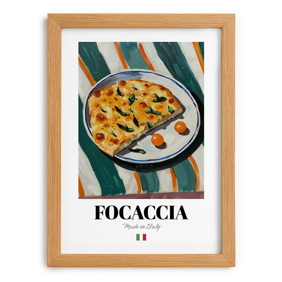 Focaccia – Italian Bread Dish, Food Bar Art, set in oak frame