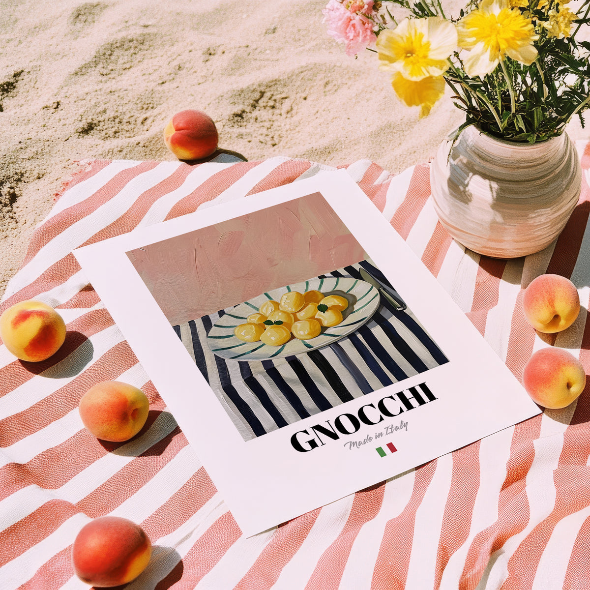 Gnocchi – Italian Pasta, Ristorante Wall Art, unframed on coastal sand
