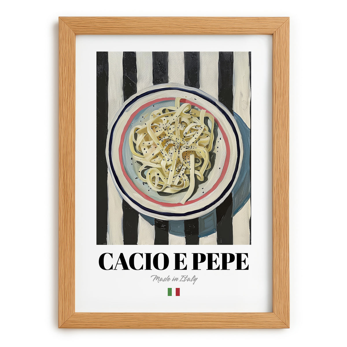 Cacio e Pepe – Italian Pasta, Trattoria Print, set in oak frame