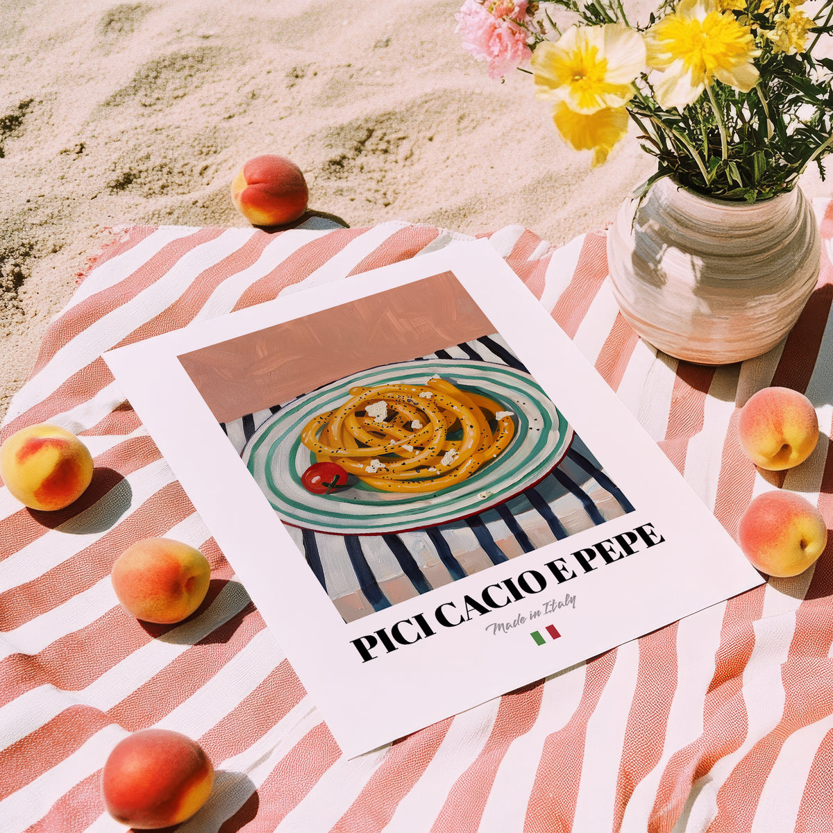 Pici Cacio e Pepe – Italian Pasta, Ristorante Poster, unframed on coastal sand