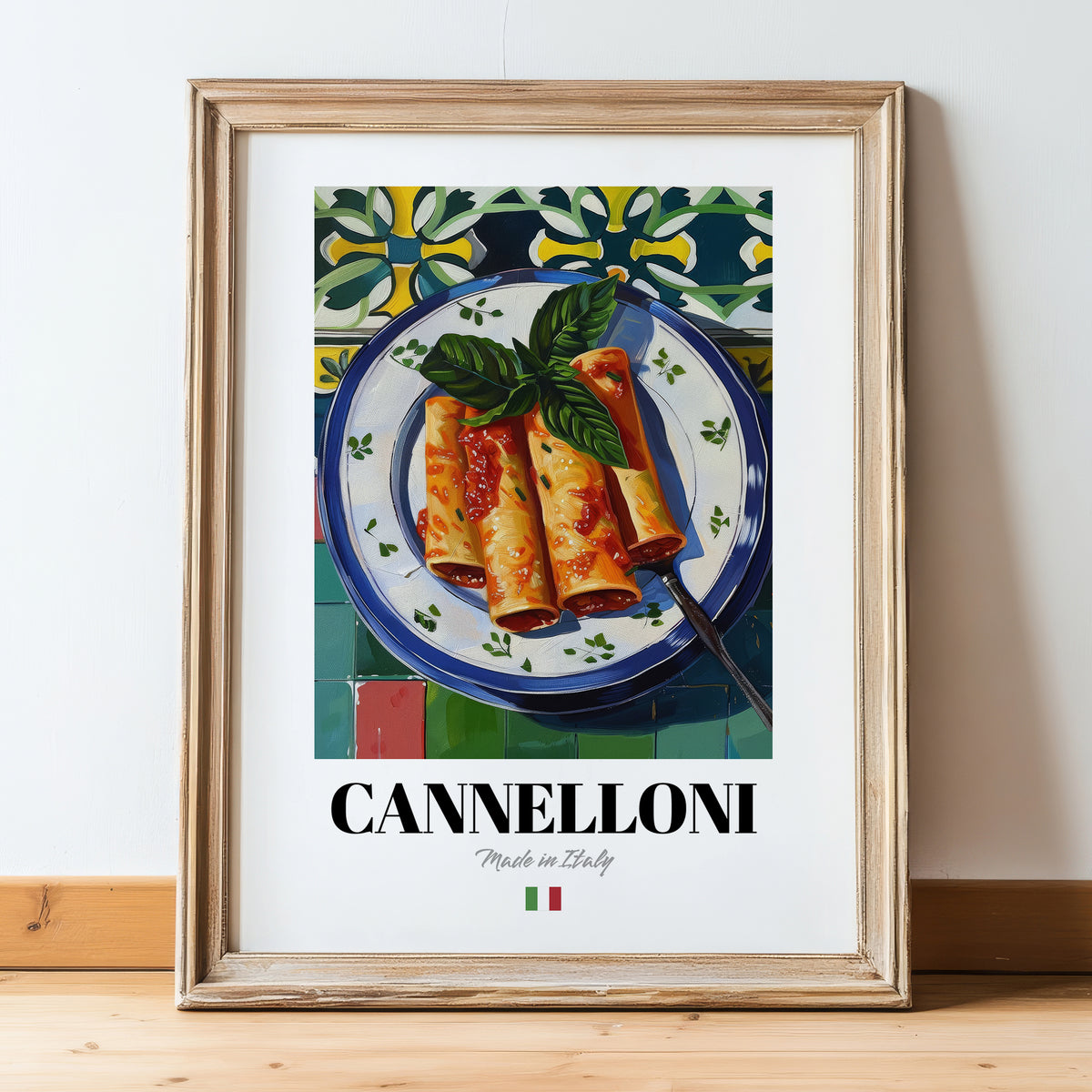Cannelloni – Italian Pasta, Ristorante Print, in wooden frame leaning on the floor