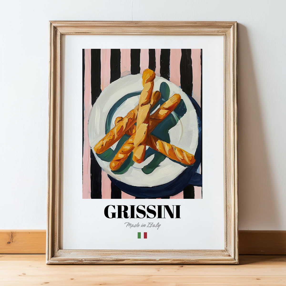 Grissini – Italian Bread Dish, Brasserie Poster, in wooden frame leaning on the floor