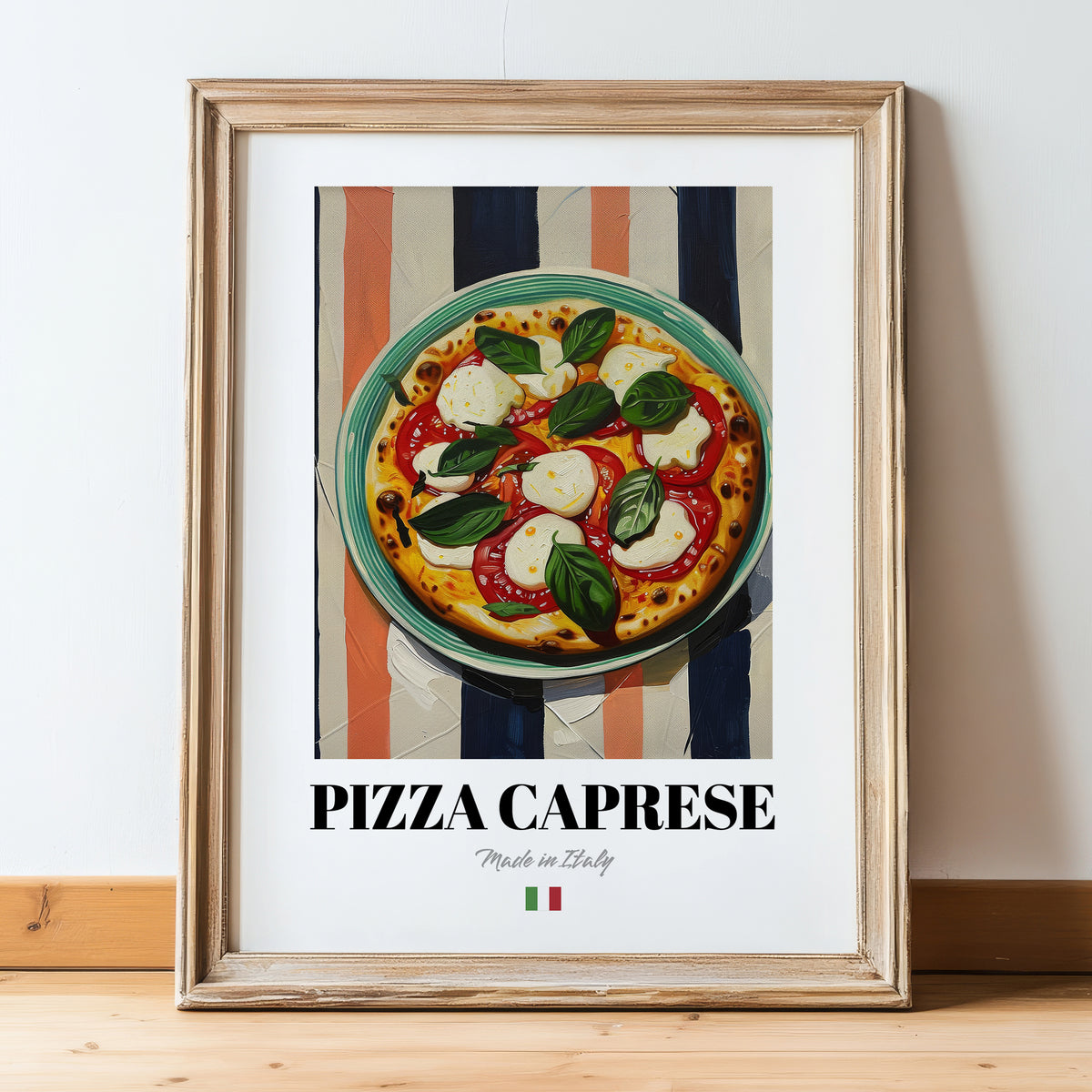 Pizza Caprese – Italian Pizza, Pizzeria Poster, in wooden frame leaning on the floor