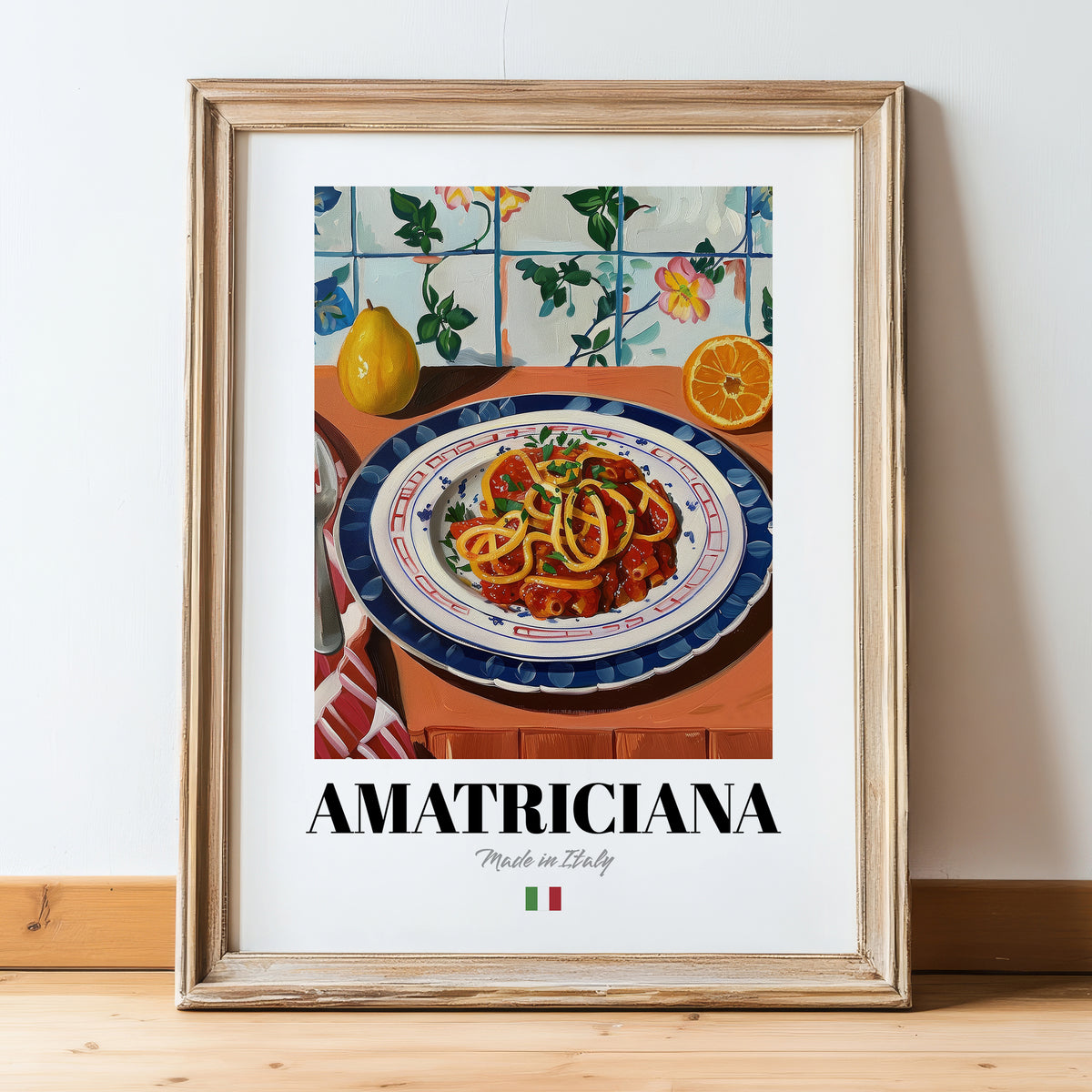 Amatriciana – Italian Pasta, Trattoria Still Life, in wooden frame leaning on the floor