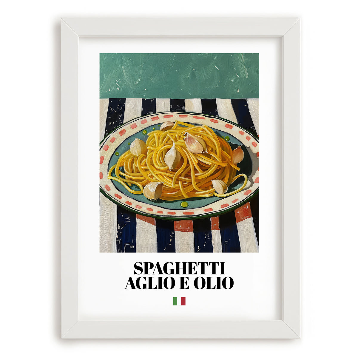 Spaghetti aglio e olio – Italian Pasta, Ristorante Print, placed in minimal white frame
