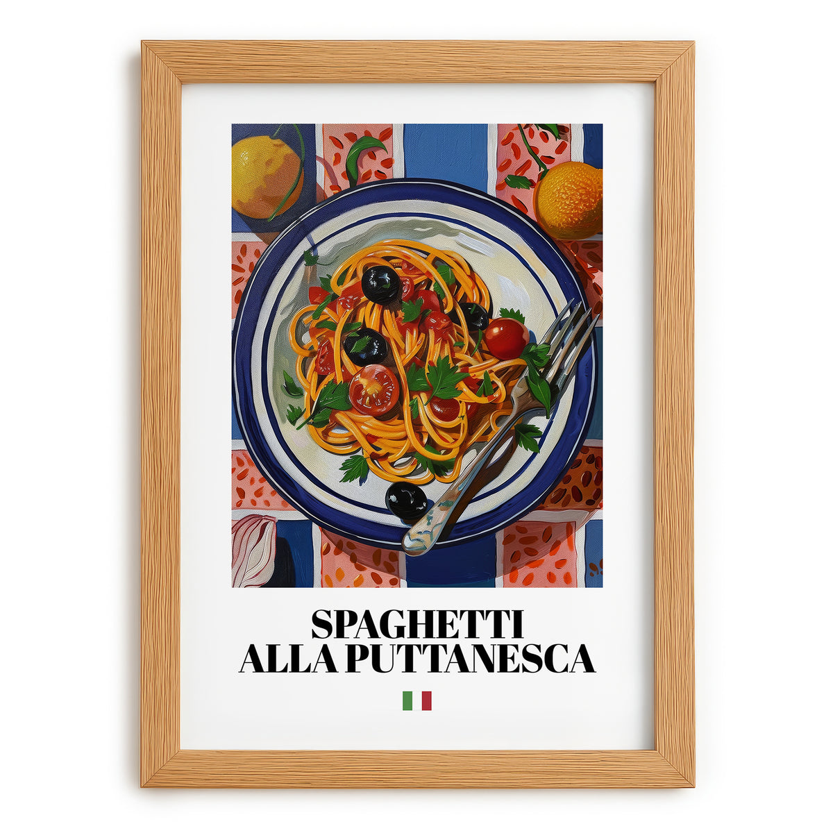 Spaghetti alla Puttanesca – Italian Pasta, Osteria Print, set in oak frame