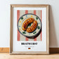 Bratwurst – on Striped Tablecloth, German Food Painting, in wooden frame leaning on the floor