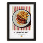 Currywurst – on Striped Tablecloth, German Food Print, in sleek black frame