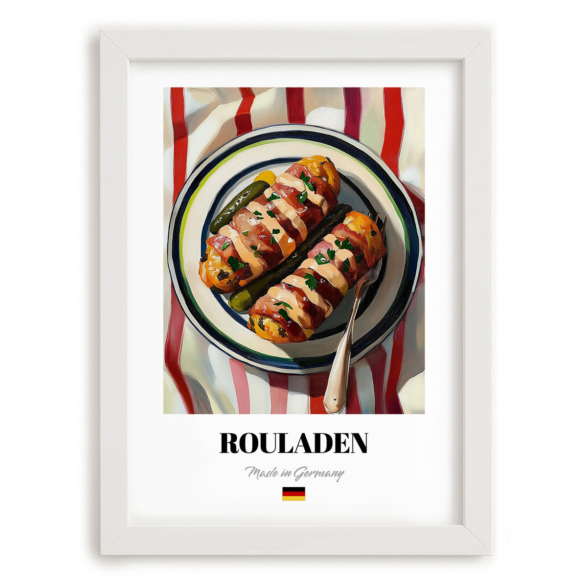 Rouladen – on Striped Tablecloth, German Food Print, placed in minimal white frame