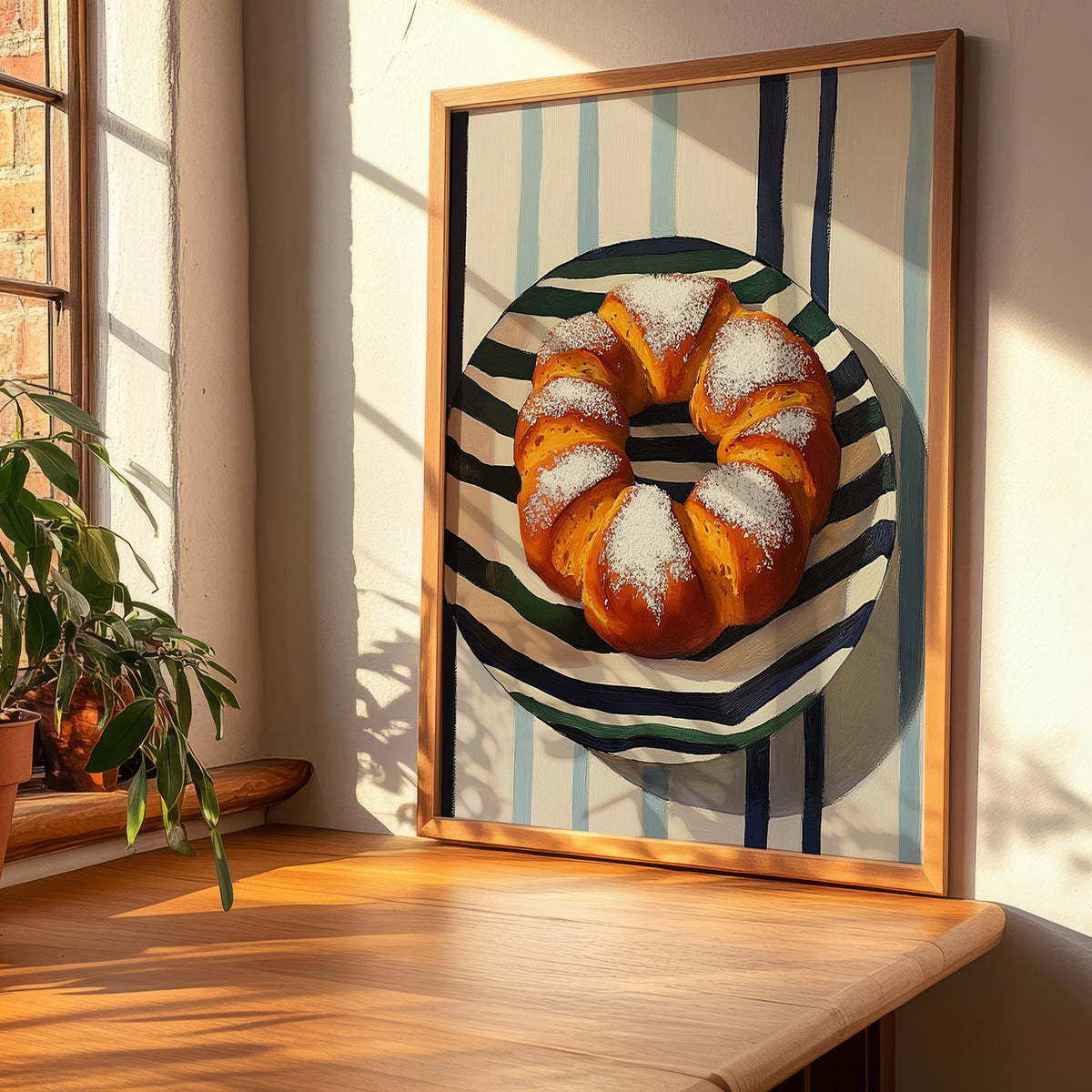 Ensaimada – on Striped Tablecloth, Spanish Pastry Illustration, clean layout with no caption