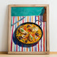 Paella Valenciana – on Striped Tablecloth, Spanish Food Painting, no-text version framed in wood