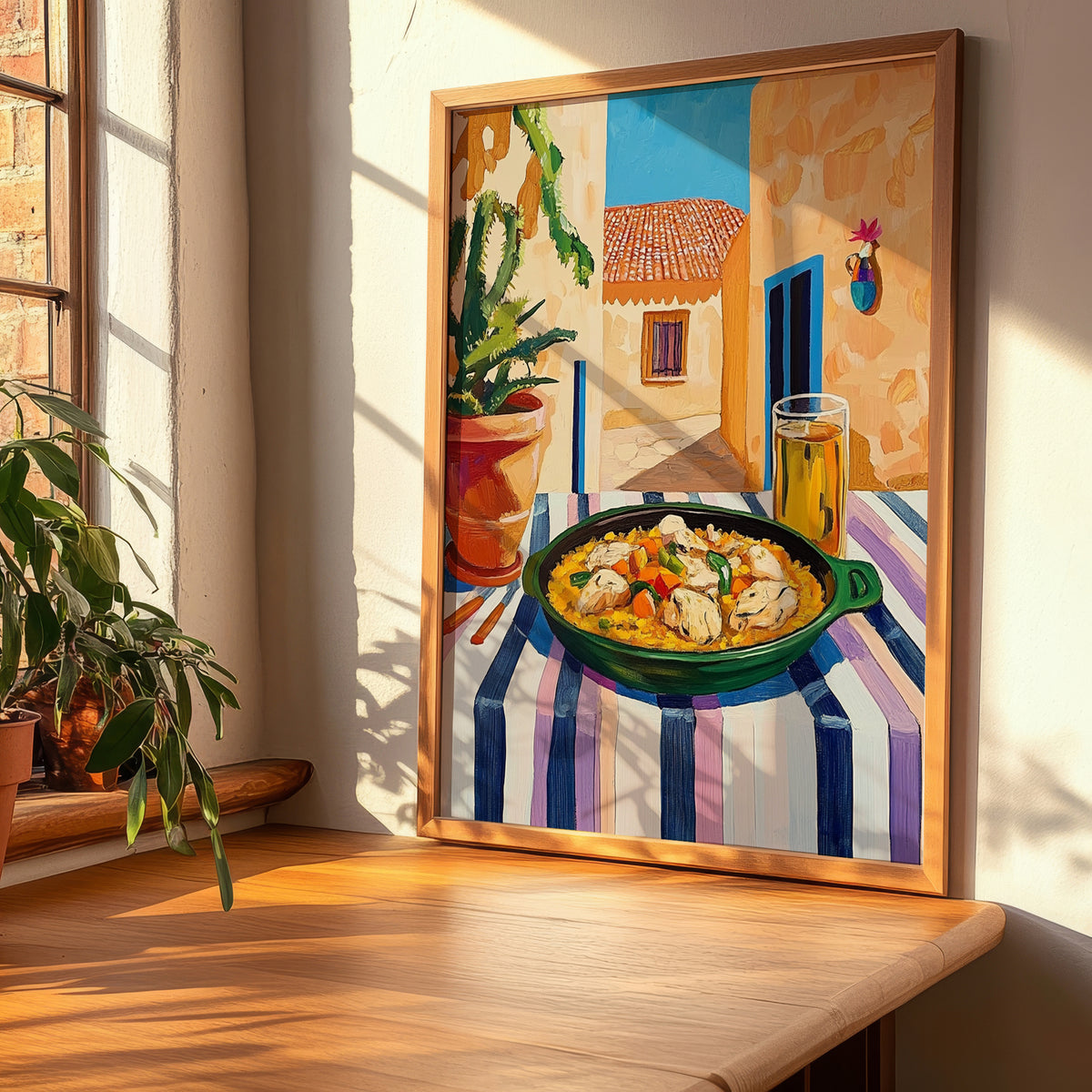 Paella Valenciana  Valencian Village Street Café Scene, Spanish Food Still Life, clean layout with no caption
