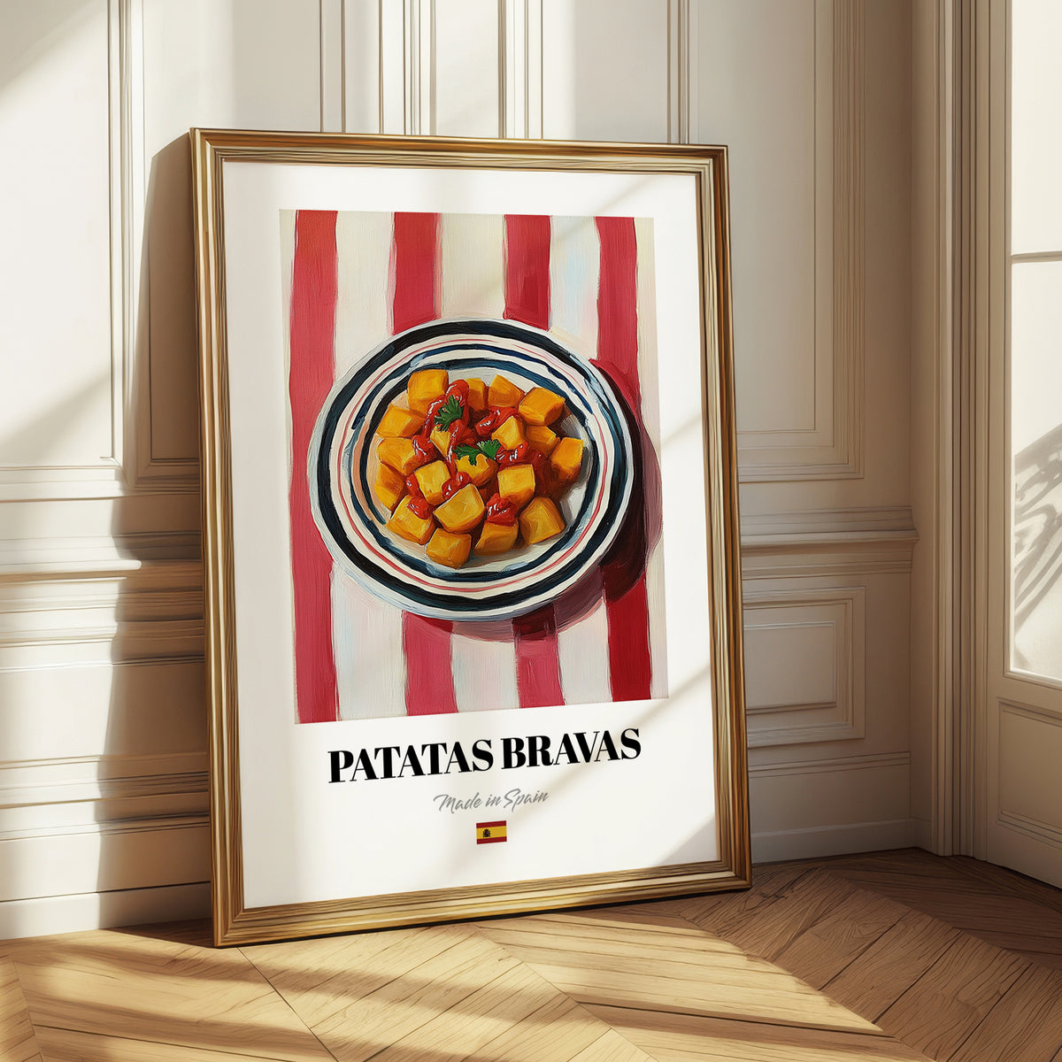 Patatas Bravas – on Striped Tablecloth, Spanish Food Wall Art