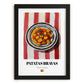 Patatas Bravas – on Striped Tablecloth, Spanish Food Wall Art, in sleek black frame