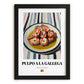 Pulpo a la Gallega – on Striped Tablecloth, Spanish Food Illustration, in sleek black frame