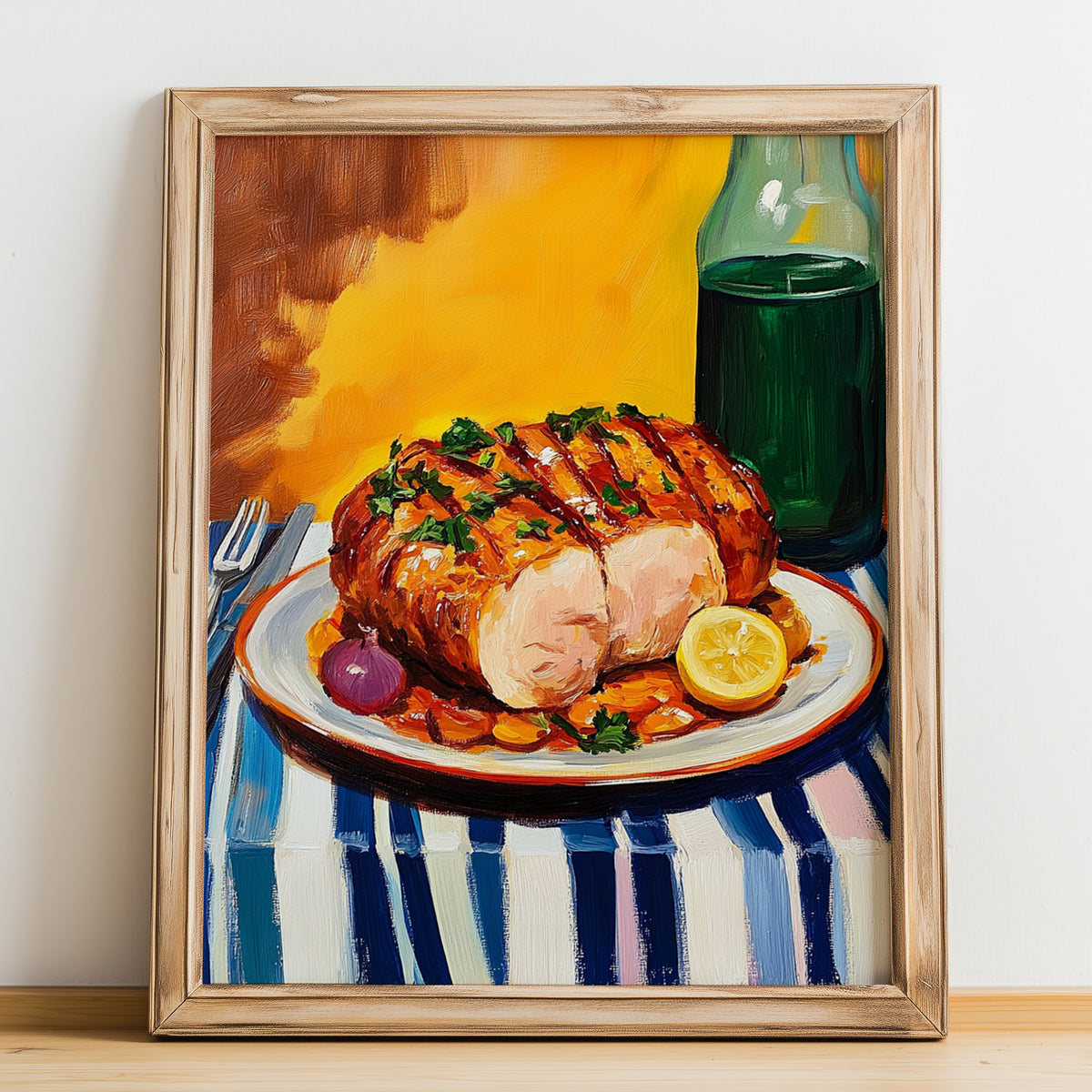 Cochinillo Asado – Colorful Oil Painting, Spanish Food Wall Art, no-text version framed in wood