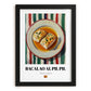 Bacalao al Pil Pil – on Striped Tablecloth, Spanish Food Wall Decor, in sleek black frame