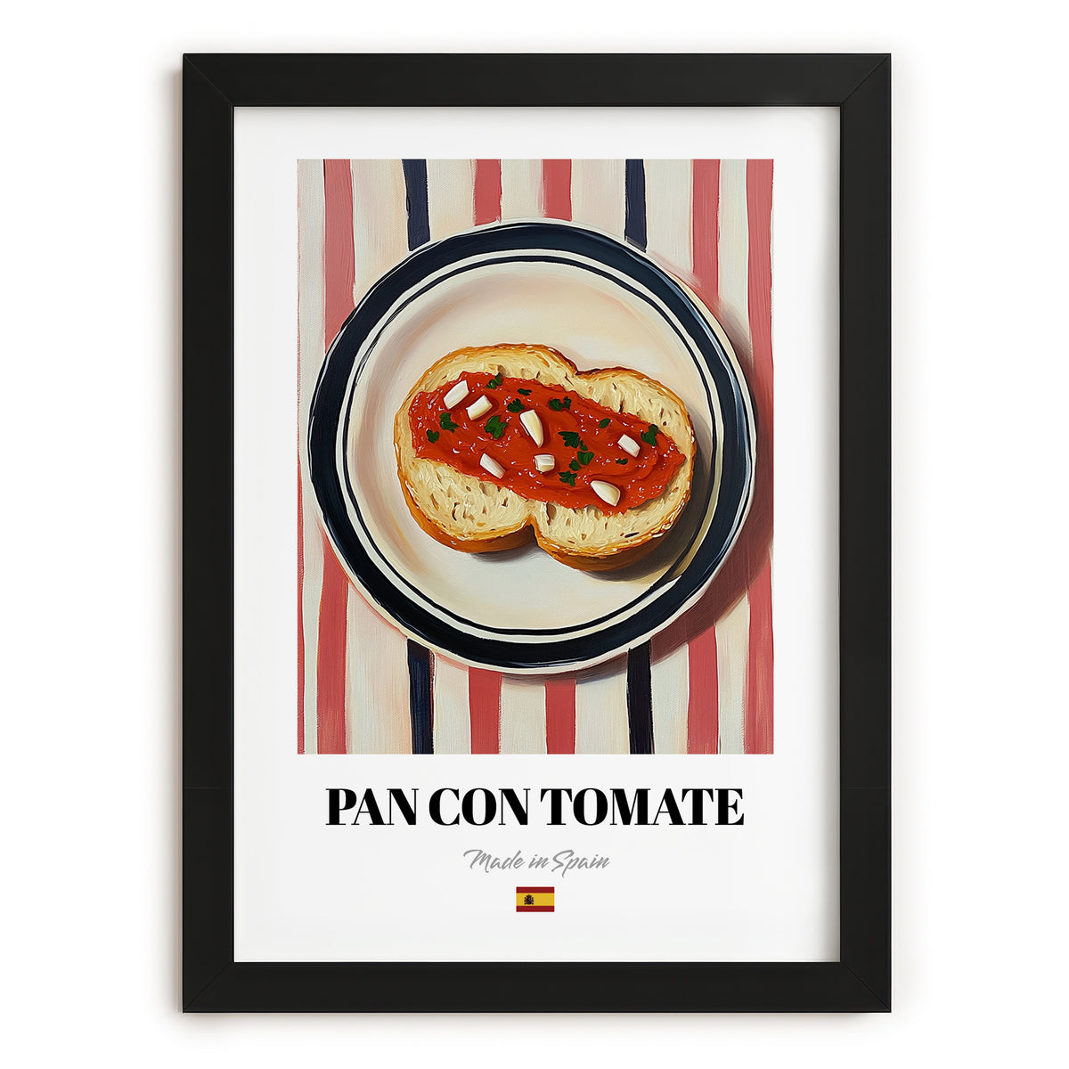 Pan con Tomate – on Striped Tablecloth, Spanish Food Wall Decor, in sleek black frame