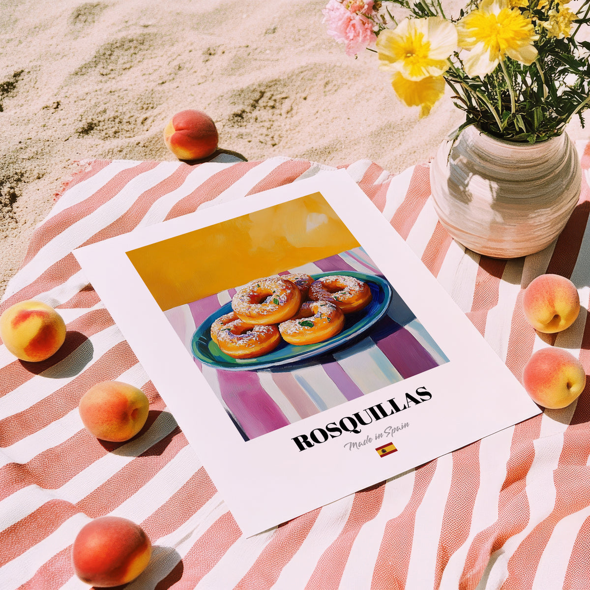 Rosquillas – Colorful Oil Painting, Spanish Dessert Wall Decor, unframed on coastal sand