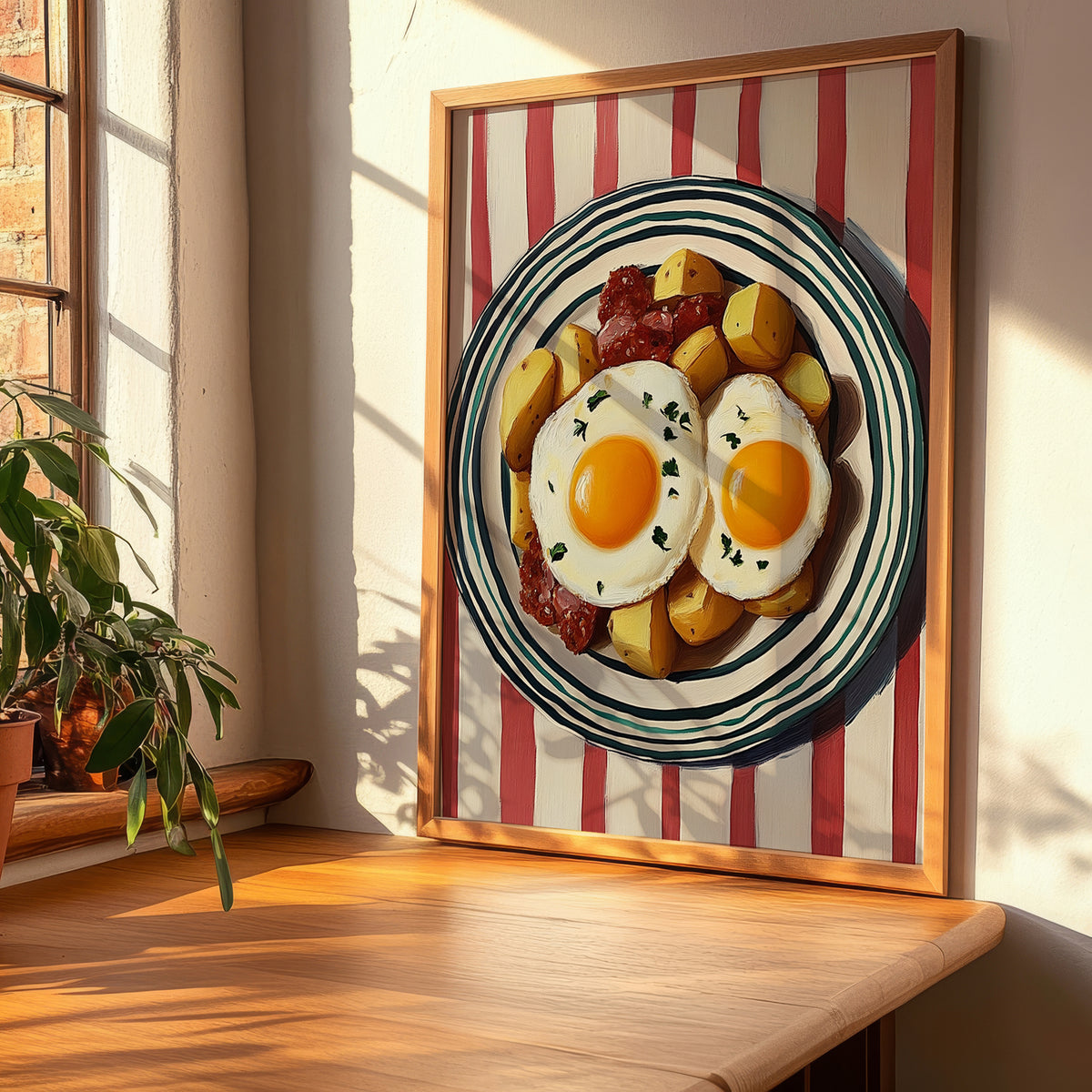 Huevos Rotos – on Striped Tablecloth, Spanish Food Wall Decor, clean layout with no caption