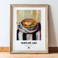 Sopa de Ajo – on Striped Tablecloth, Spanish Food Poster, in wooden frame leaning on the floor