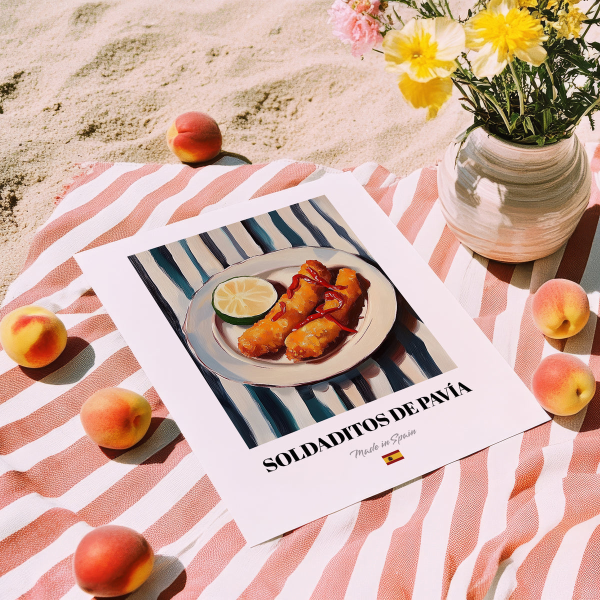 Soldaditos de Pavía – on Striped Tablecloth, Spanish Food Still Life, unframed on coastal sand