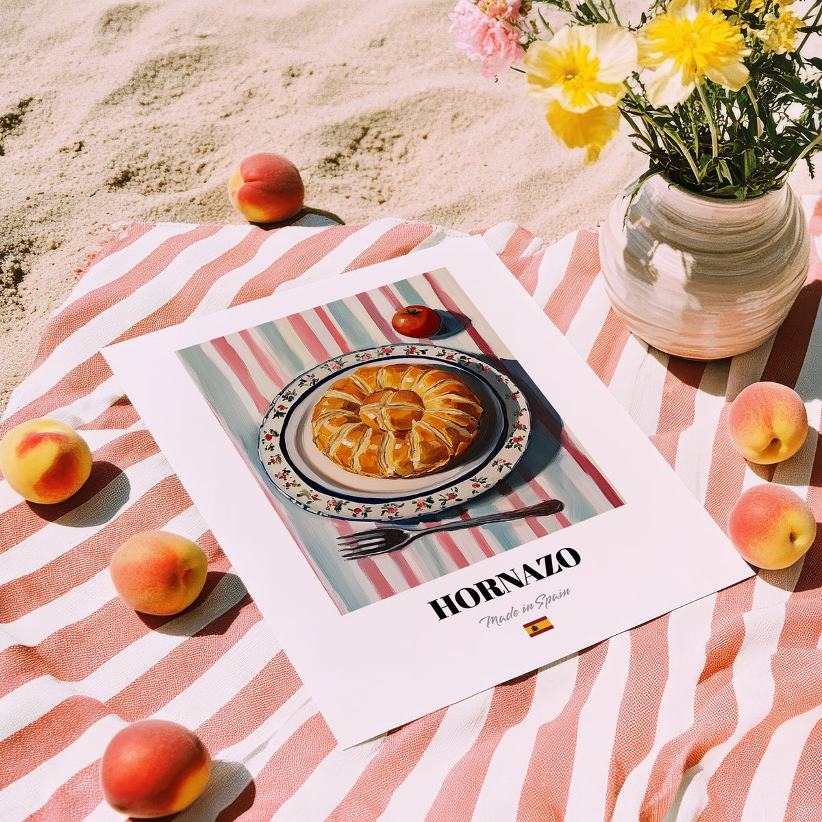 Hornazo – on Striped Tablecloth, Spanish Food Wall Decor, unframed on coastal sand