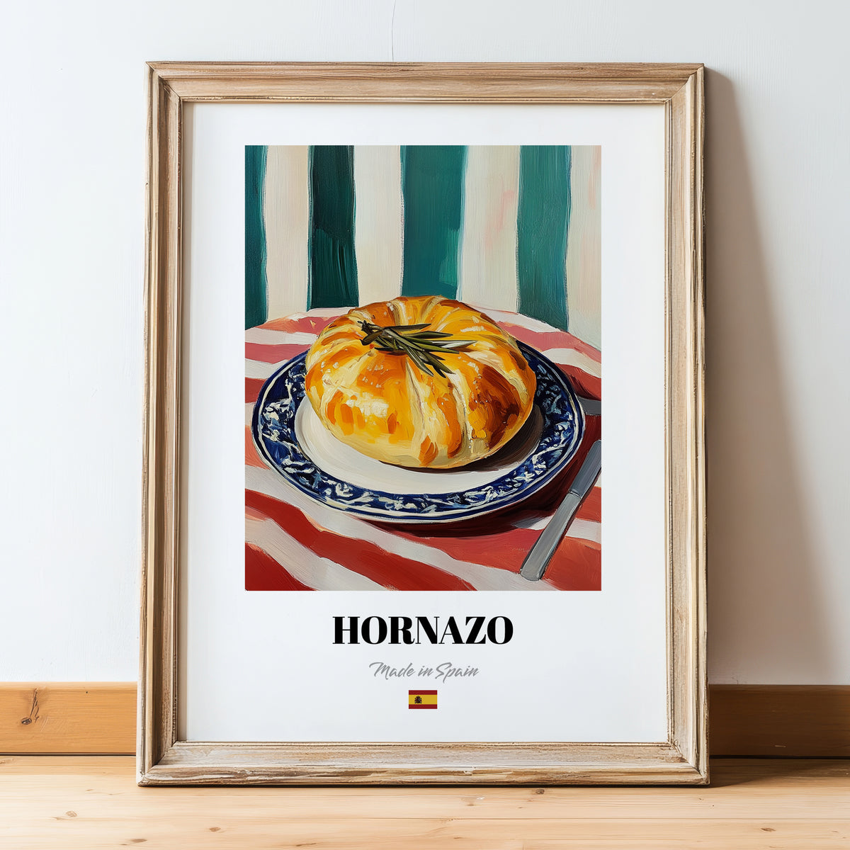 Hornazo – Colorful Oil Painting, Spanish Food Still Life, in wooden frame leaning on the floor