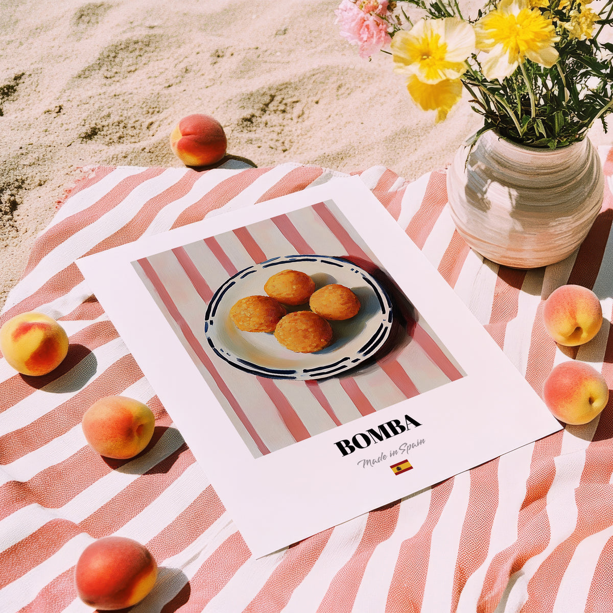 Bomba – on Striped Tablecloth, Spanish Food Art, unframed on coastal sand