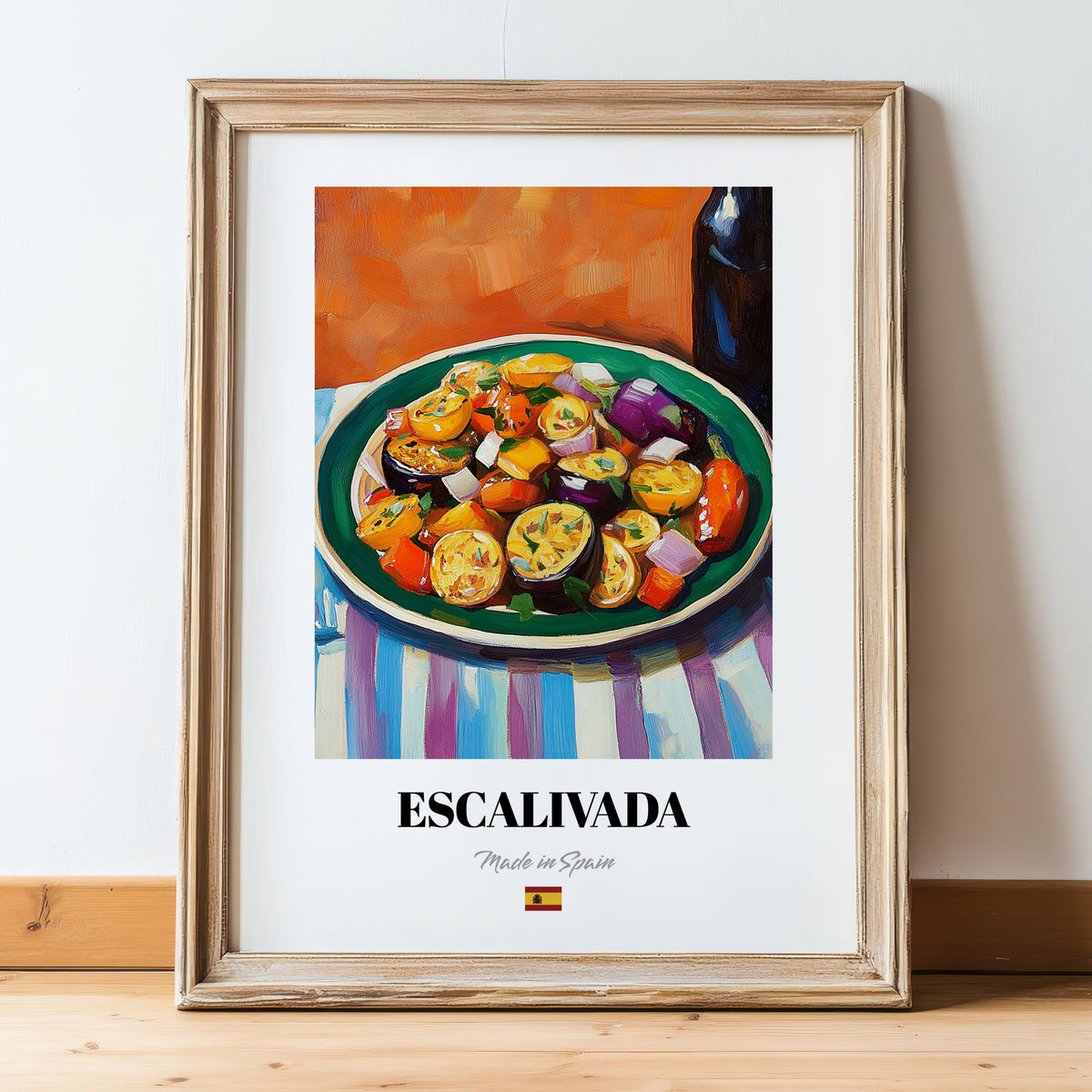 Escalivada – Colorful Oil Painting, Spanish Food Still Life, in wooden frame leaning on the floor