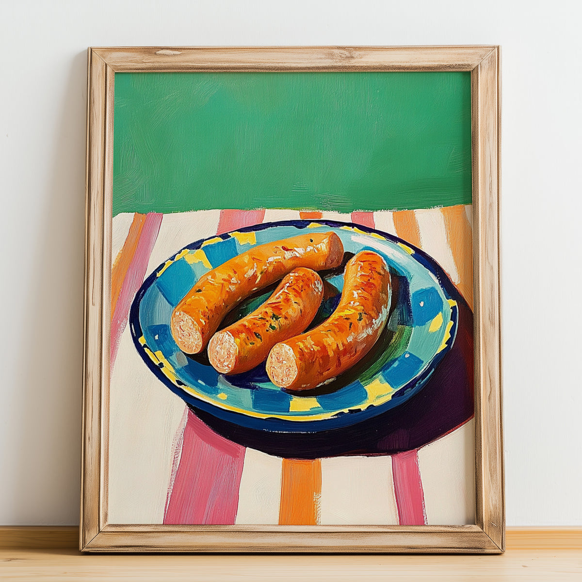 Chistorra – Oil Painting, Spanish Food Illustration, no-text version framed in wood