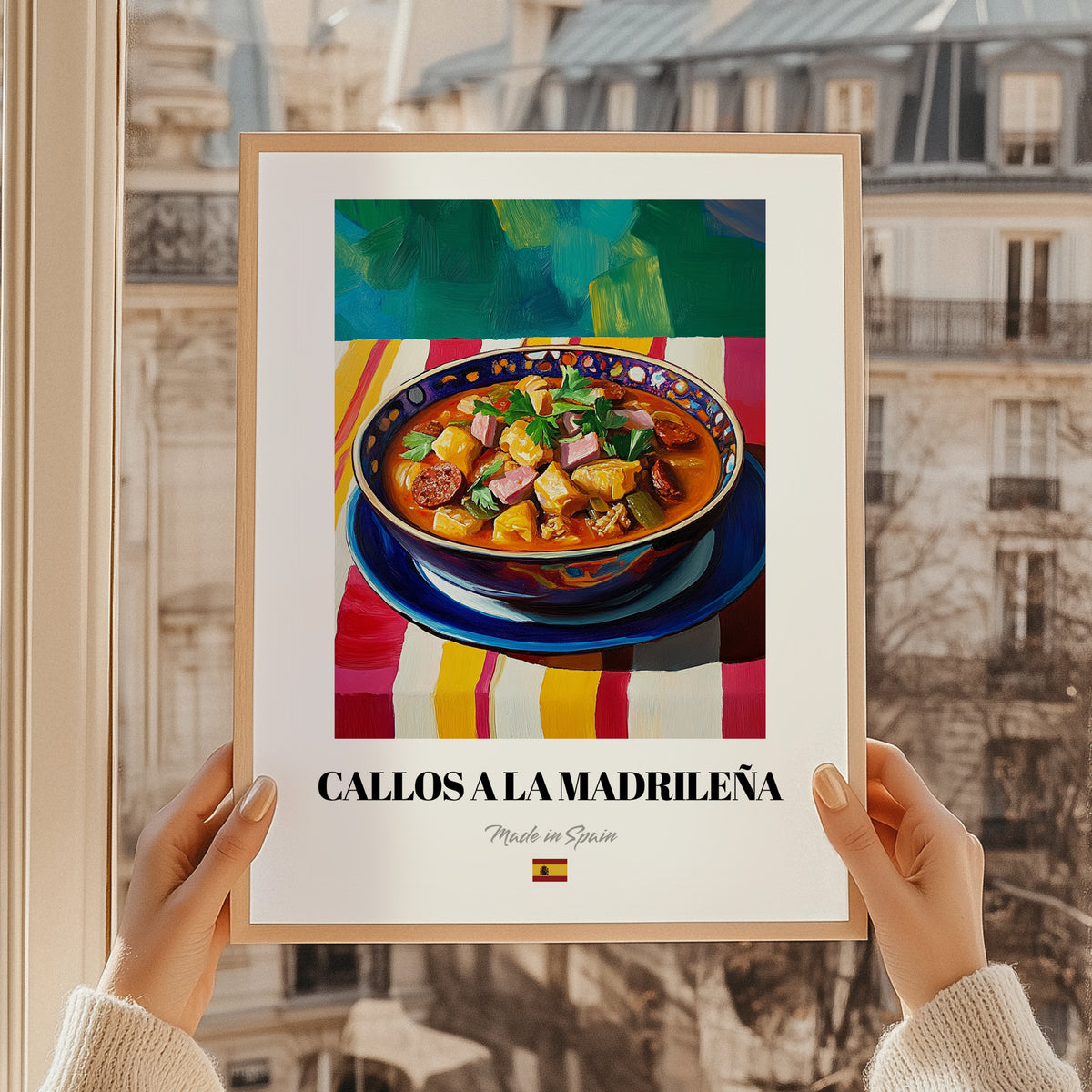 Callos a la Madrileña – Colorful Oil Painting, Spanish Food Wall Decor, styled in a charming Paris street view