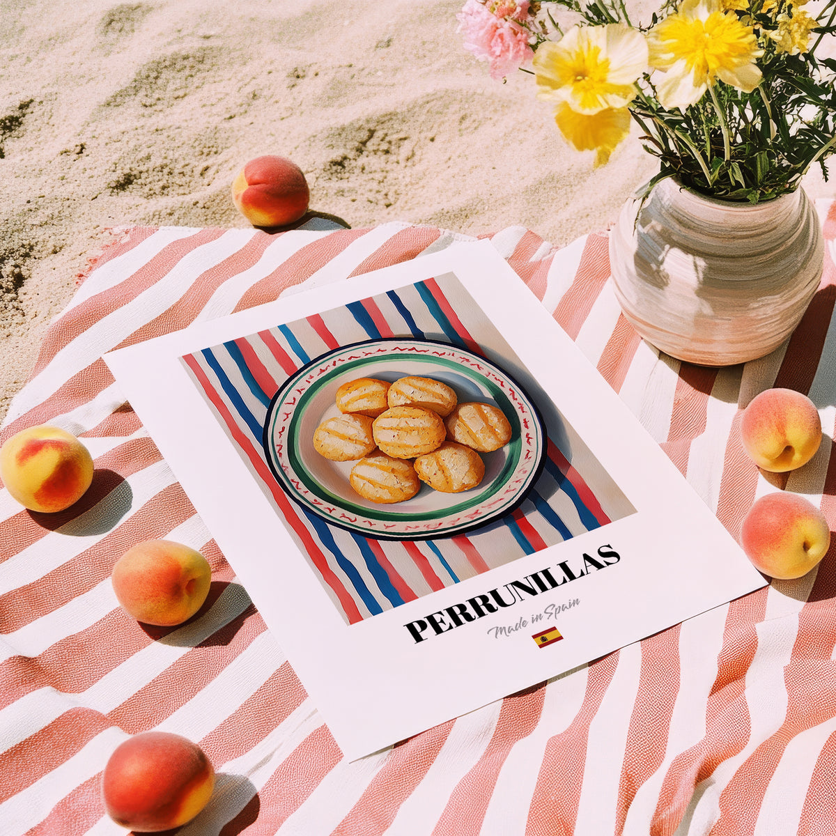 Perrunillas – on Striped Tablecloth, Spanish Dessert Wall Decor, unframed on coastal sand