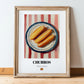 Churros – on Striped Tablecloth, Spanish Dessert Still Life, in wooden frame leaning on the floor