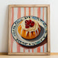 Baba au Rhum – on Striped Tablecloth, French French Dessert Still Life, no-text version framed in wood